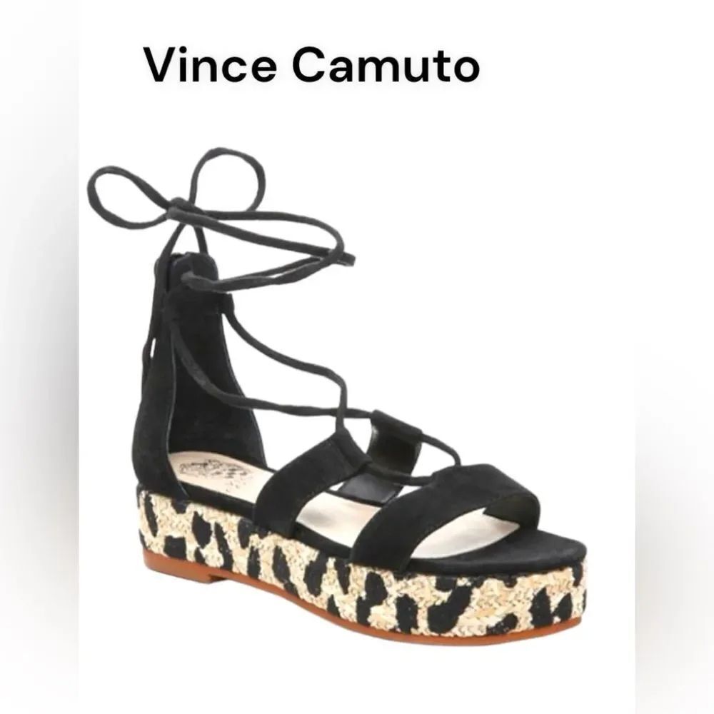 NEW Vince Camuto Kellia Gladiator Black Suede Platform Espadrille Sandals 7.5